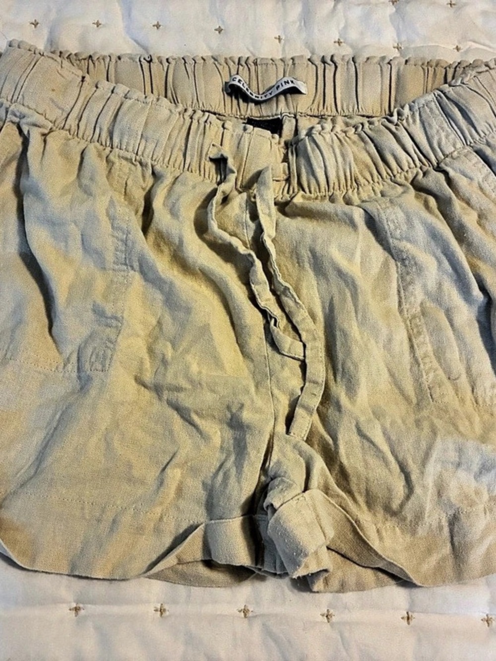 Celebrity Pink Linen Blend Pull-On Shorts High Waist Shorts stone khaki Large